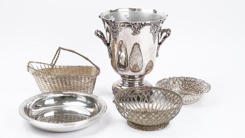 Plated wares, comprising; a twin handled wine cooler with a base metal drop-in liner, height 29cm, a circular bowl, diameter 26.5cm, a woven wirework...