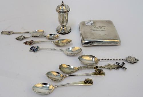 Silver and Sterling mounted wares, comprising; a rectangular cigarette case, Birmingham 1919, a pepperette and seven mostly souvenir teaspoons,...
