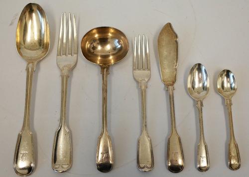 Silver double struck fiddle and thread pattern table flatware, comprising; twelve table forks, eleven dessert forks, twelve tablespoons, twelve...