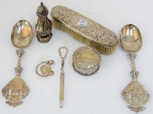A pair of Dutch cast silver fancy spoons, English Import marks for London 1891, with figural scene, capitals, 20.7cm, inscribed, a Victorian circular...