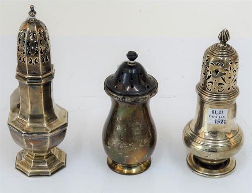 A George I style silver octagonal castor, London 1908, 17cm high, and two other silver castors, London 1931 & Birmingham 1956, 296 gms weight...