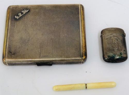 A European hinge lidded rectangular cigarette case, gilt within and presentation inscribed, the exterior with finely banded decoration and with an...