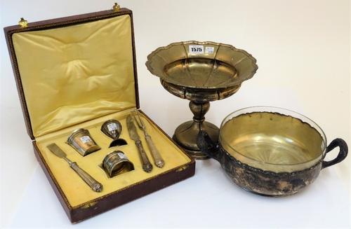 Foreign wares, comprising; a pedestal comport with lobed decoration, diameter 22cm, a twin handled circular bowl having a glass drop-in liner and a...