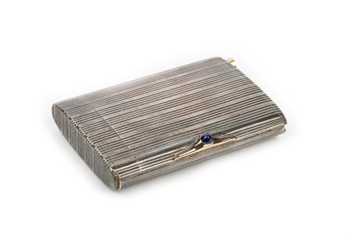 A European rectangular cigarette case with a hinge lidded vesta compartment with a striking plate at one end, the case plain within, the exterior...