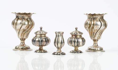 Mostly European wares, comprising; a pair of vases with spiral fluted decoration, each raised on a circular foot, detailed 800, height 13.5cm,...