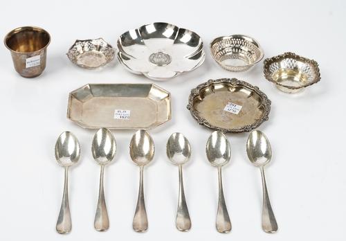 A group of European and plated wares, comprising; a set of six French teaspoons, weight 180gms, a French cut-cornered rectangular dish, detailed...