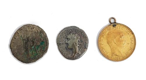 A Greek George I 20 drachmai, 1884 A, mounted as a pendant, and two Roman coins, (3).