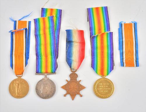 A 1914-15 Star to 5800 SJT A.OVERINGTON. BORD:R., a 1914-18 British War Medal and a 1914-19 Victory Medal to 5800 SJT.A.OVERINGTON. BORD.R., a First...