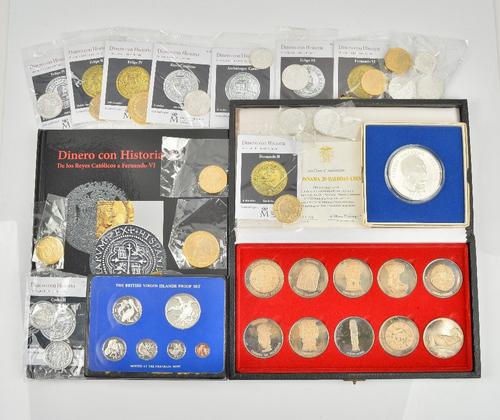 A Panama silver proof twenty balboas 1974, with a box, a British Virgin Islands proof set 1975, cased, a quantity of copies of coins and a display...