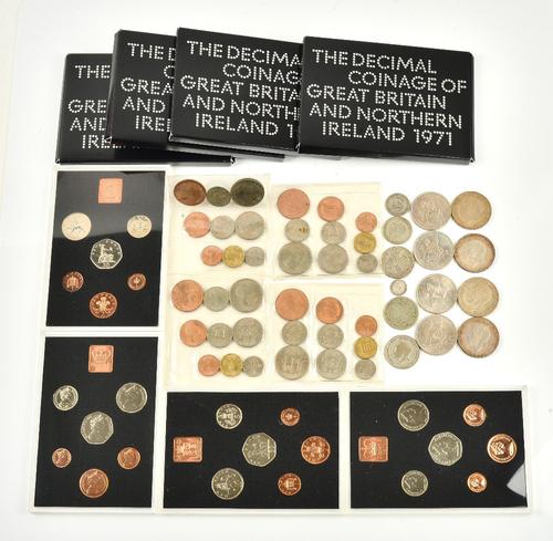 Four 1935 Silver Jubilee crowns, four 1953 Coronation crowns, four 1953 nine coin sets, four 1971 specimen proof sets, three George V half crowns and...