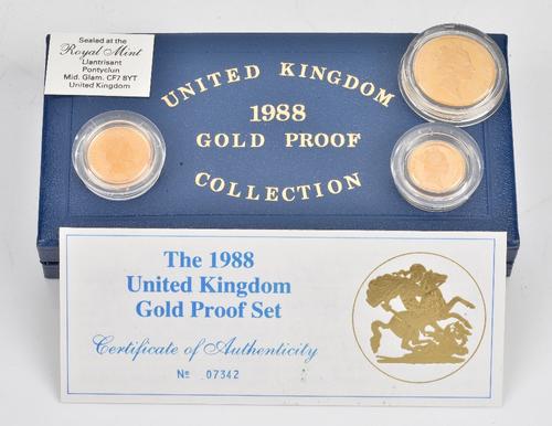 A United Kingdom 1988 three coin gold proof specimen set, comprising a two pounds piece, a sovereign and a half sovereign, with the original...