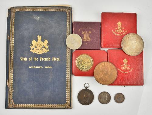 Visit of the French Fleet, August 1905, programme of Events, gilt blue crushed Morocco, a silk map showing positions of the French and British...