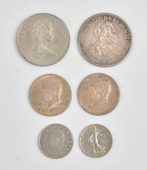 A George III Bank of England five shillings dollar 1804, a 1980 crown, two Kennedy half dollars 1964 and two further coins, (6).