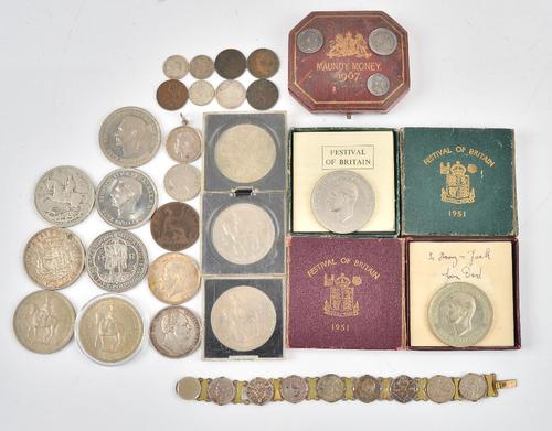 A group of British coins, comprising; a part maundy set 1907 (the penny lacking) with the original dated case detailed maundy money 1907, a 1935...