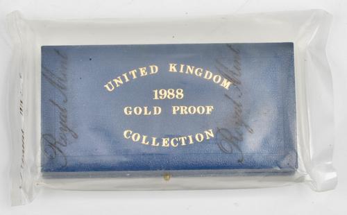 A United Kingdom 1988 three coin gold proof specimen set, comprising a two pounds piece, a sovereign and a half sovereign, with the original...