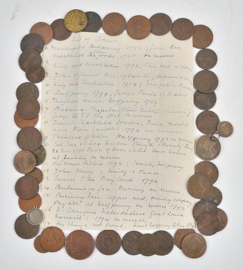 A collection of twenty four George III copper tokens, an old hand written list refers, Victorian silver florin and six pence and other coinage (qty).