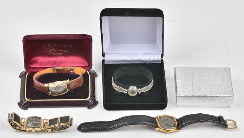 A Lord Elgin gilt metal square cased bracelet wristwatch, a Bulova gilt metal fronted and steel backed rectangular cased wristwatch, a Longines gilt...