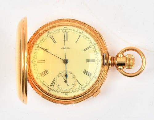 A Waltham gold cased keyless wind hunting cased centre stop seconds pocket watch, the gilt jeweled lever movement, detailed A.W.Co. Waltham, Mass...