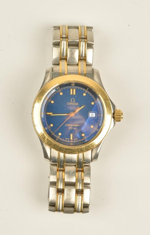 An Omega Seamaster 120 m steel and gilt metal circular cased gentleman's bracelet wristwatch, the signed blue dial with gilt Arabic, dot and baton...