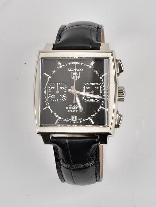 A Tag Hauer Monaco Automatic Chronograph Calibre 12, steel cased gentleman's wristwatch, the signed black dial with Arabic and baton numerals, centre...