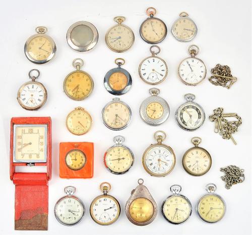 A collection of twenty-one mostly keyless wind, openfaced pocket watches, including Services Army, Ingersoll, Waltham Premier and Bulova, a pocket...