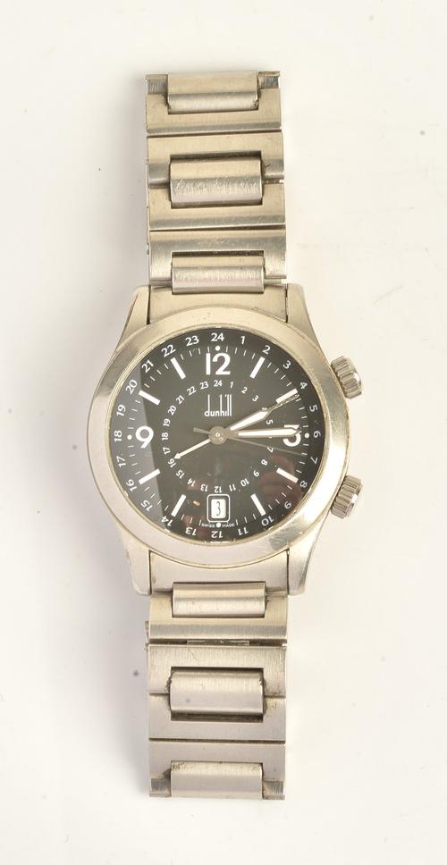 A Dunhill Traveller Automatic steel cased gentleman's bracelet wristwatch, the signed black dial with white Arabic and baton hour numerals, centre...