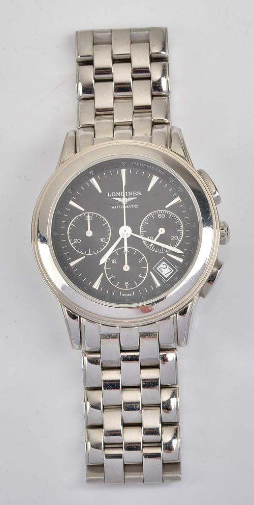 A Longines Flagship Automatic steel cased gentleman's chronograph wristwatch, the signed black dial with baton hour markers, three subsidiary dials,...