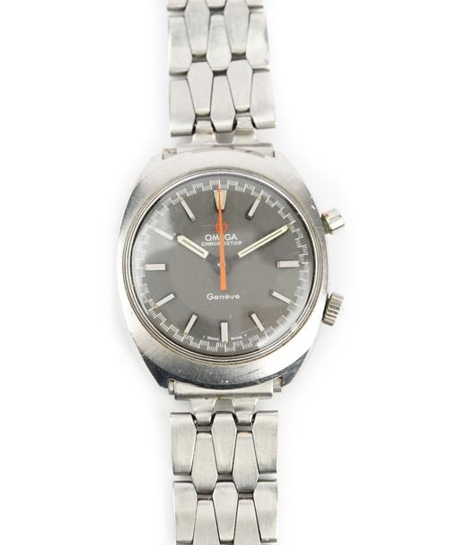 An Omega Chronostop steel cased gentleman's wristwatch, the signed circular grey dial with silvered baton numerals and with red centre seconds, two...