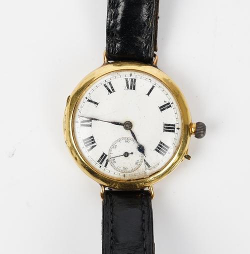 An 18ct gold circular cased ladies wristwatch, the jeweled lever movement detailed S & Co. Swiss, the enamelled dial with black Roman numerals and...