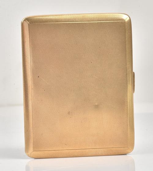 A 9ct gold rectangular cigarette case, presentation engraved within, the exterior engine turned, Birmingham 1936, gross weight 117 gms. A/S