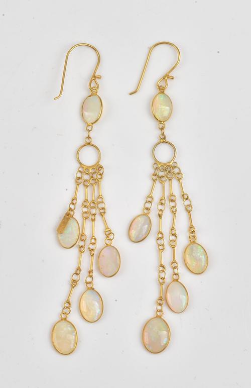 A pair of gold and opal pendant earrings, in a multiple pendant chain link design, each spectacle set with five oval opals, the tops with wire...
