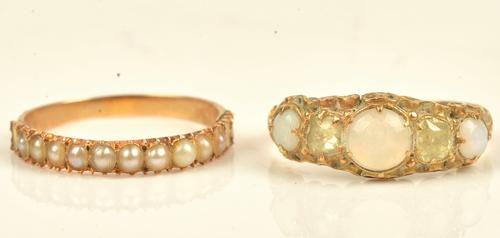 A Victorian gold ring, set with a row of seed pearls (three seed pearls lacking), ring size L and a Victorian 15ct gold, opal and yellow gem set five...