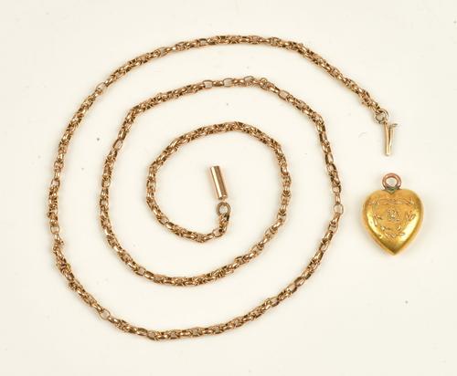 A gold oval and multiple link neckchain, on a cylindrical clasp and a gold heart shaped pendant, detailed 15, combined gross weight 7.6 gms, (2).
