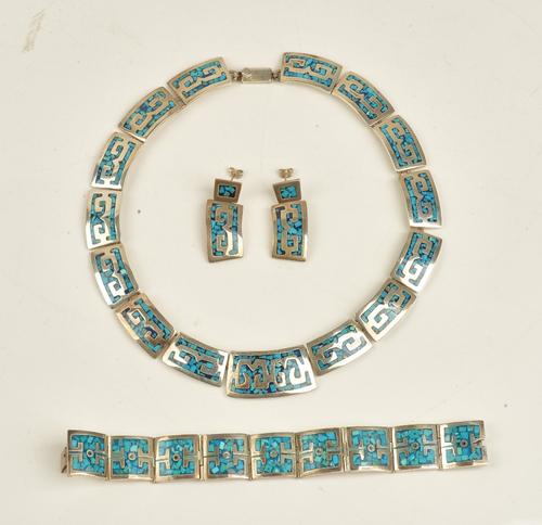A Mexican blue gem set suite of jewellery, comprising; a panel link collar necklace, a pair of earrings and a bracelet, detailed Mexico 925, combined...