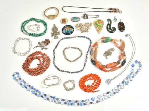 A group of mostly costume jewellery, comprising; six brooches and pins, a Certina gilt metal ladies bracelet wristwatch, five pendants, a faceted...