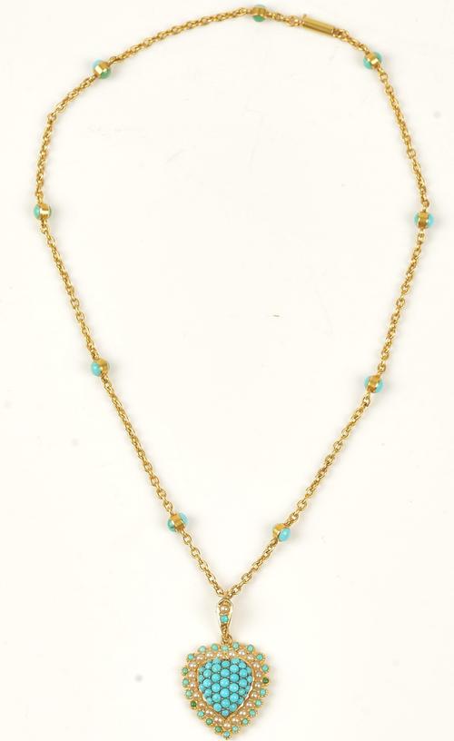 A gold, turquoise and seed pearl set heart shaped pendant locket, fitted to a gold and turquoise set oval link neckchain, on a cylindrical clasp,...