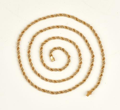 A two colour gold rope twist and oval link long neckchain, on a snap clasp, detailed 18K 750, weight 85.3gms.