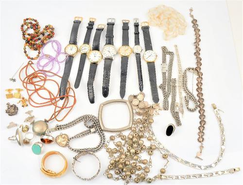 A collection of mostly costume jewellery, to include some silver jewellery, comprising; a bracelet made from three rows of fourpences, five rings, a...