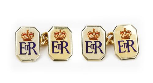 A pair of 9ct gold and enamelled cut cornered rectangular cufflinks, the backs and the fronts blue and red enamelled with The Royal monogram E II R...