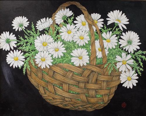Clarence Wilson (British, b.1950), Flowers in a basket, a pair, both signed with monogram (lower right), each acrylic on board, 39 x 50cm, to be sold...
