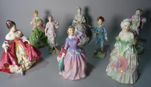 Ceramics, including, two Meissen figures, 19cm high, three Royal Doulton figures of ladies, 20cm high, two Royal Worcester, 18cm high and a later...