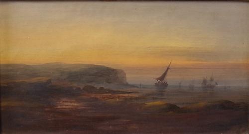 English School, 19th Century, Boats off the coast, oil on board, 16 x 30.5cm