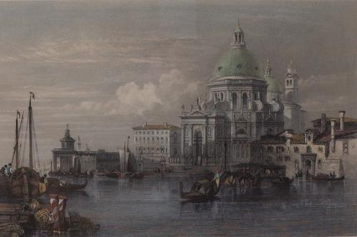 After William Leighton Leitch, Church of Santa Maria della Salute, Venice, engraving by J Redaway, 12 x 18.5cm, together with a pair of engravings,...