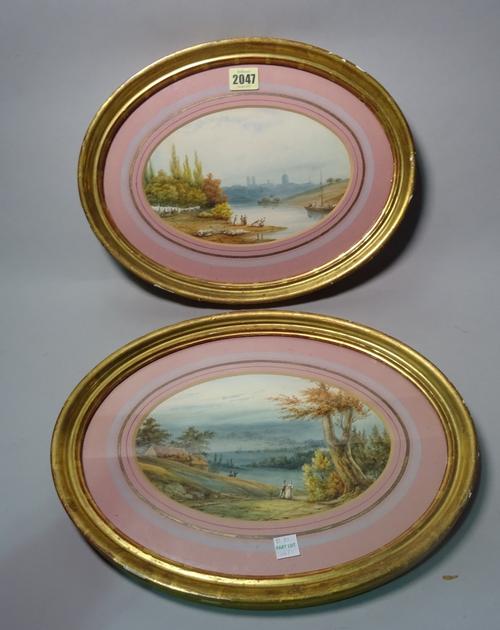 O. Barni (British, 19th Century), Men and women with laundry on the water shore, a city beyond; four figures overlooking a landscape from a hill, a...