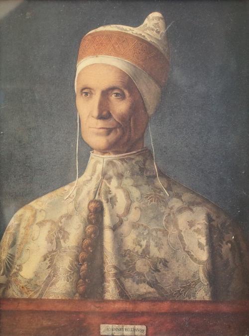 After Giovanni Bellini, Portrait of Doge Leonardo Loredan, reproduction print, 30 x 22cm, to be sold with an engraving of Henry de la Tour and a...