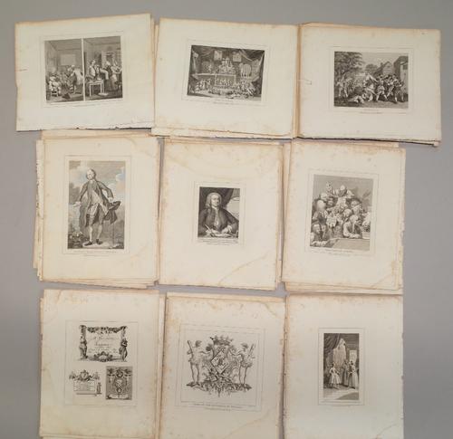 A folio of prints after William Hogarth, to include illustrations from Samuel Butler's Hudibras, an illustration of the frontispiece from Laurence...