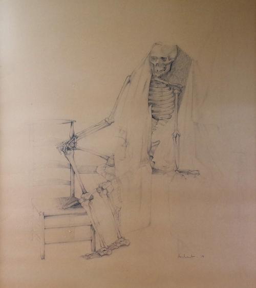 English School, 20th Century, A skeleton leaning by a chair, indistinctly signed and dated '77' (lower right), pencil sketch, 98 x 68cm