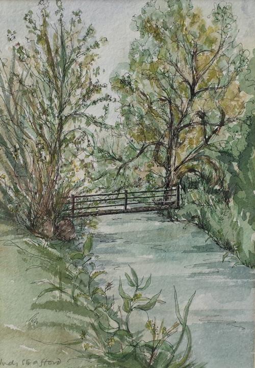 Judy Strafford (British, 1932-2018), River landscape, signed, watercolour, 18 x 13cm, together with a botanical study by Judy Enfield, a black ink...