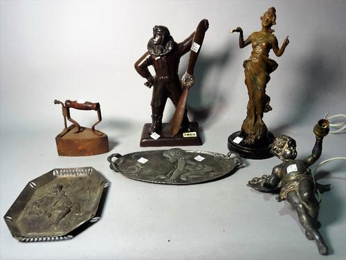 Collectables; comprising, a modern composite bronze figural table lighter, formed as a pilot, 26cm high, a later faux bronze figure, 31cm high, two...