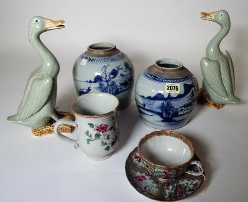 Chinese ceramics, 18th century and later, comprising; a famille-rose mug, painted with a pheasant amongst flowers; a pair of Chinese provincial blue...
